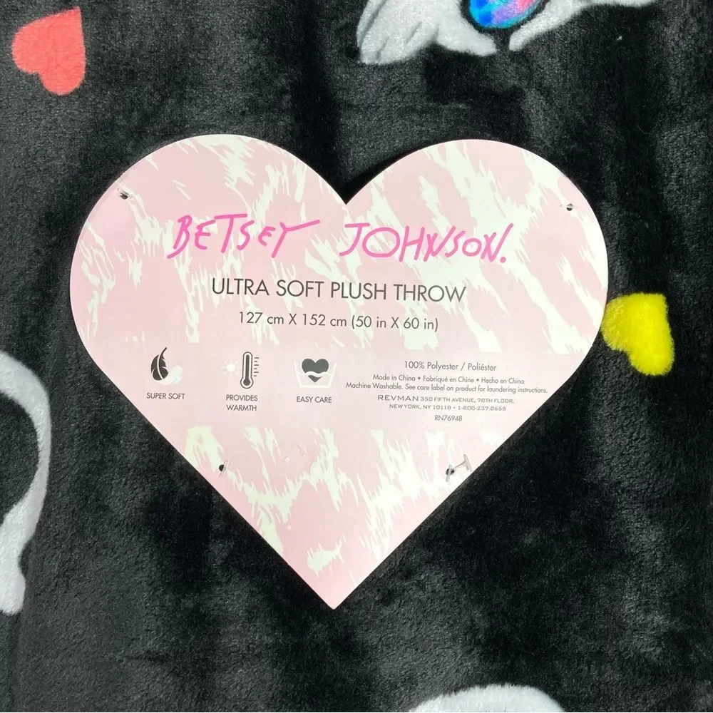 Betsey Johnson Black Cool Cat Ultra Soft Plush Throw 50”x60” NWT Rainbow Groovy